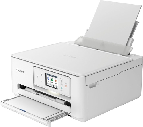 Weißer Canon-Drucker mit geöffnetem Papierfach und Bedienfeld mit Funktionen wie Kopieren, Scannen und Drucken.