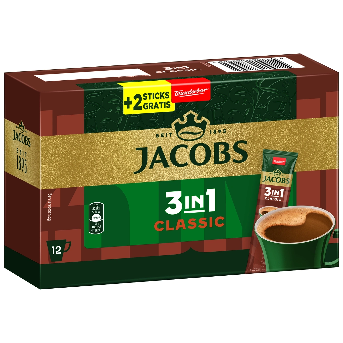 Jacobs 3in1 Classic Instantkaffee Packung mit 12 Tassen und Gratis Sticks
