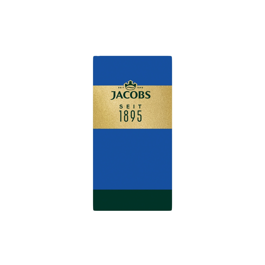 Jacobs Kaffeepackung mit blauem Hintergrund und goldenem Logo, seit 1895