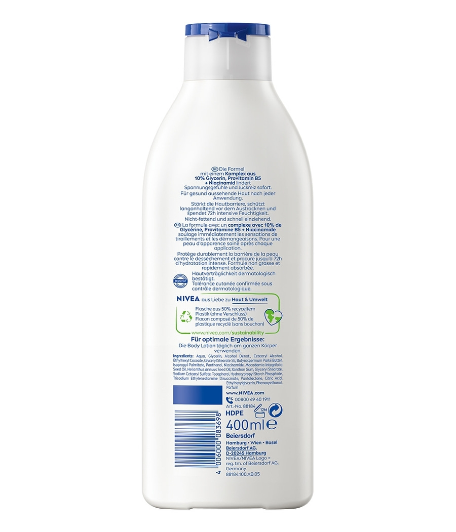 Nivea Bodylotion mit 10% Glycerin, Provitamin B5 und Niacinamid, 400ml Flasche