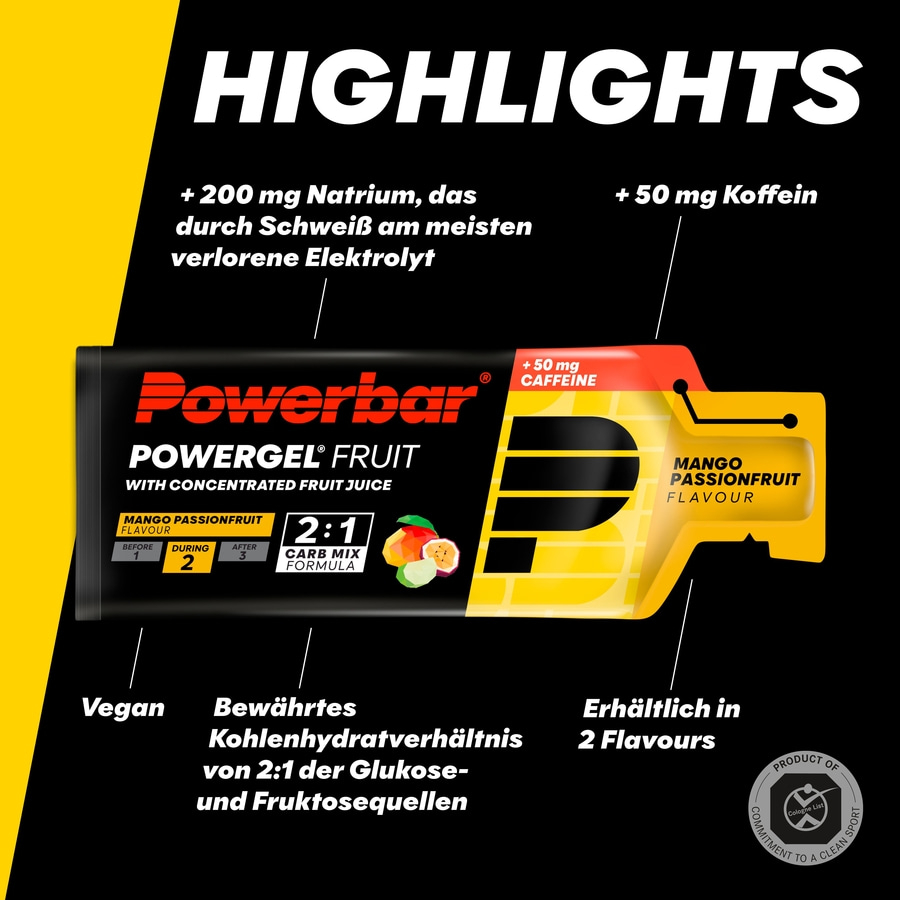 POWERBAR PowerGel Fruit Mango Passionfrucht High Carb Energie Gel Koffein 24x41g
