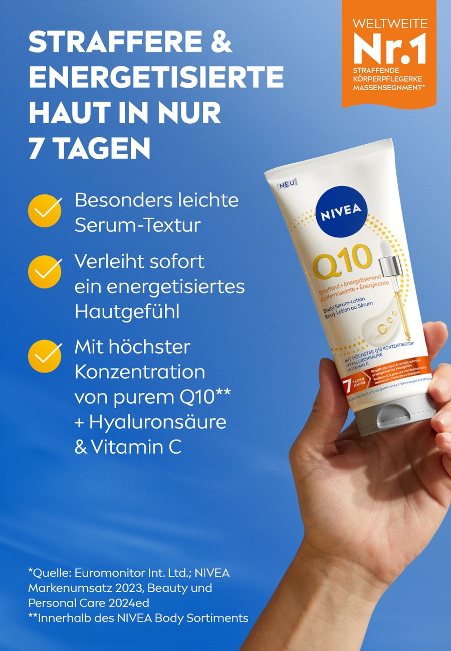 Nivea Q10 Bodylotion, straffere und energetisierte Haut in 7 Tagen, Serum-Textur