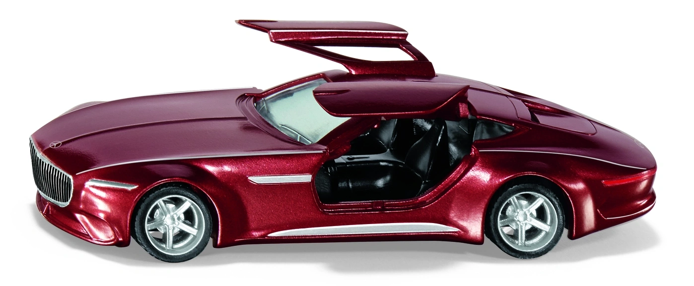 Rotes Spielzeugauto mit geöffneten Türen, glänzendem Lack und silbernen Felgen. Detailreich.