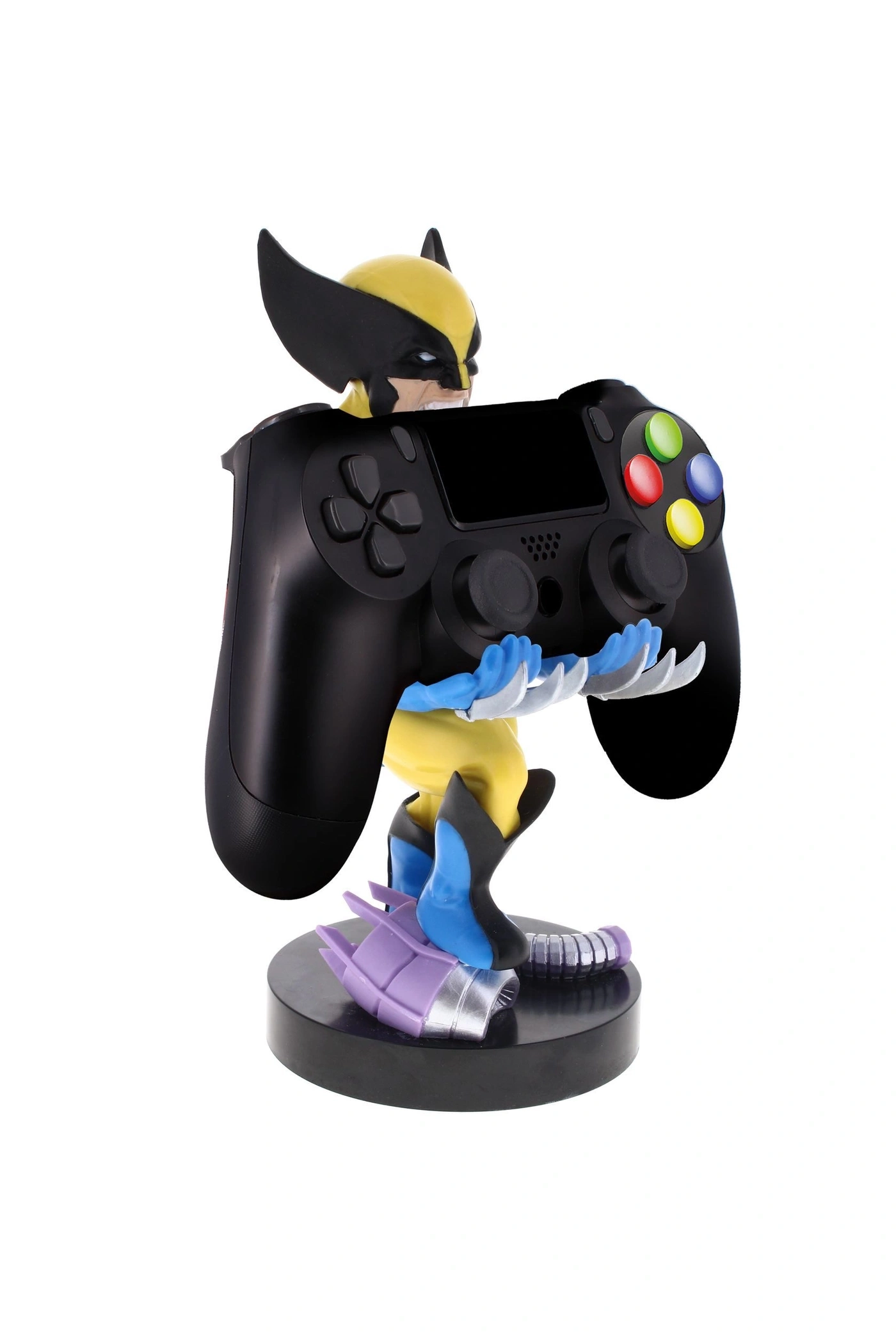 Wolverine Figur hält schwarzen Controller mit gelben und blauen Akzenten auf schwarzem Sockel