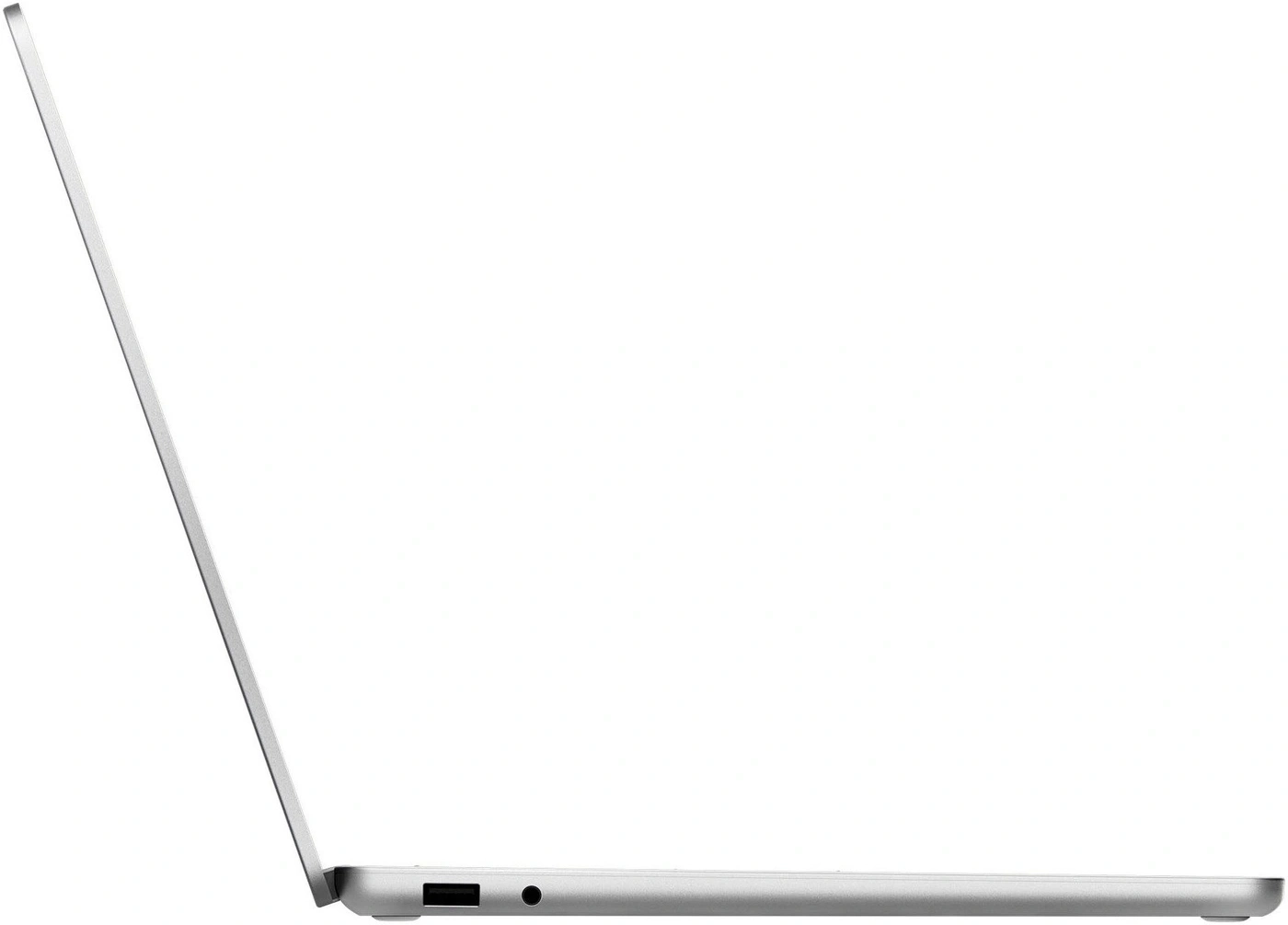 Ein silberner Laptop im Seitenprofil mit einem USB-Anschluss und einem Kopfhöreranschluss.
