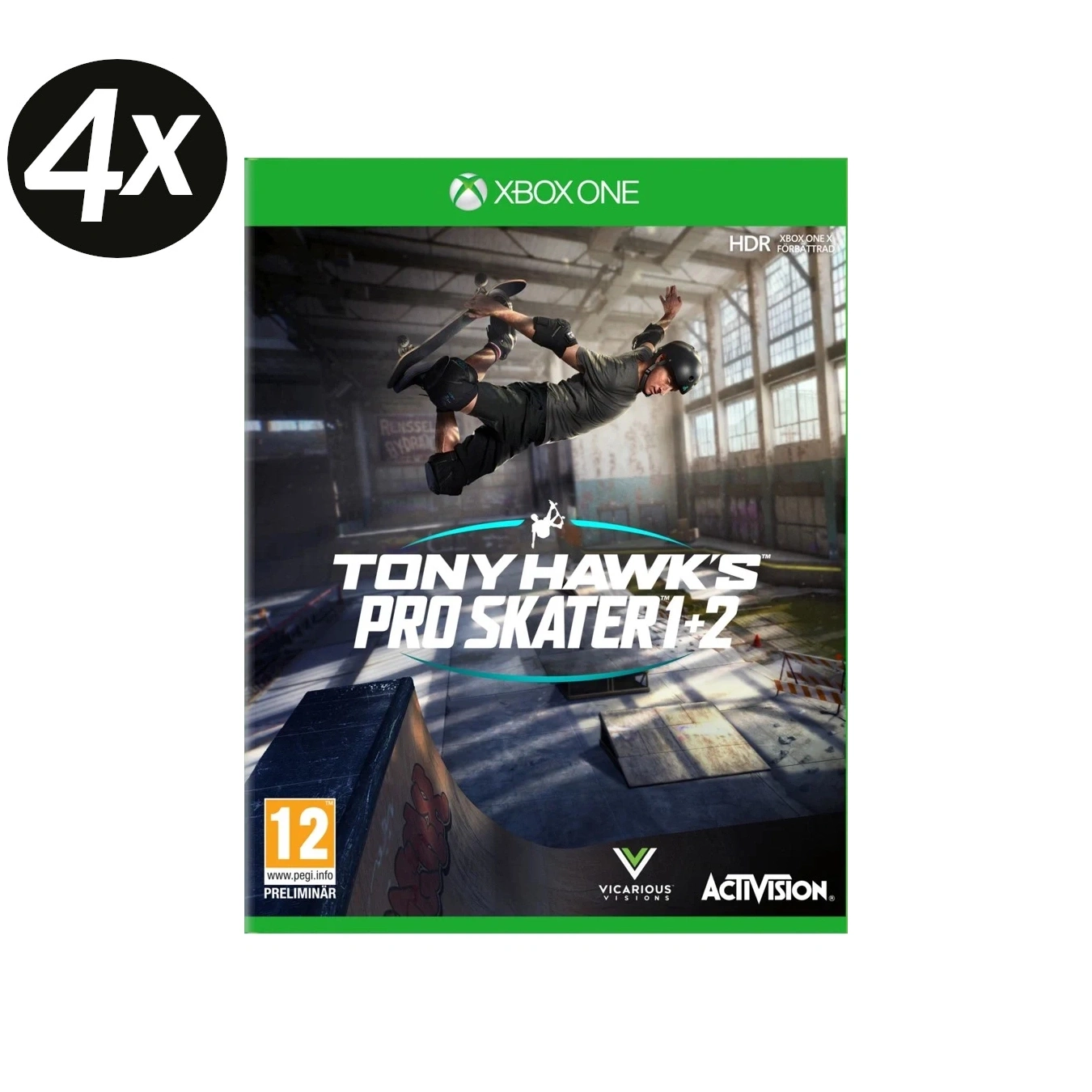 Tony Hawk's Pro Skater 1+2 Xbox One Spielcover mit Skateboarder bei einem Sprung.