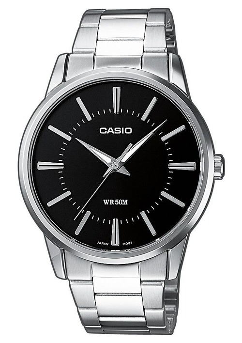 Casio-Uhr mit schwarzem Zifferblatt und silbernem Armband, Nahaufnahme