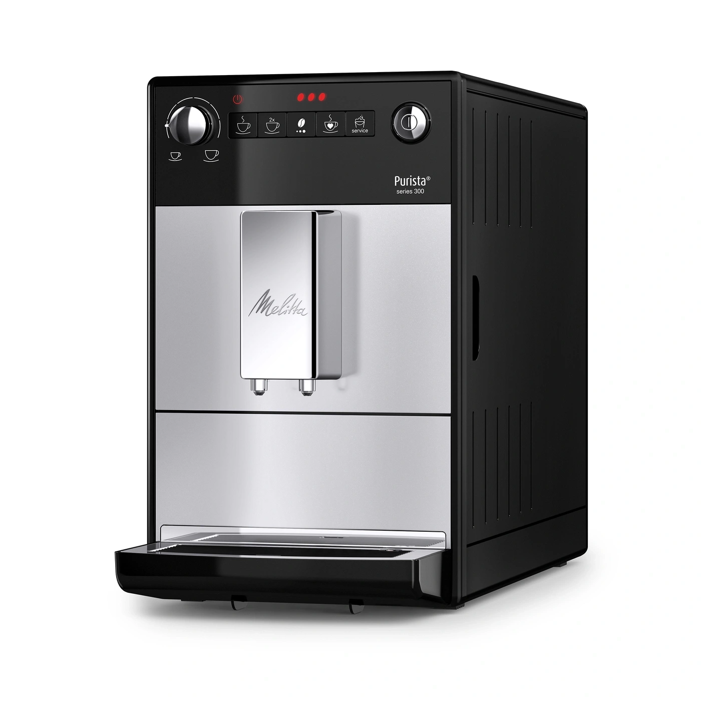 Kaffeemaschine Melitta Purista Serie 300, schwarz und silber, Frontansicht