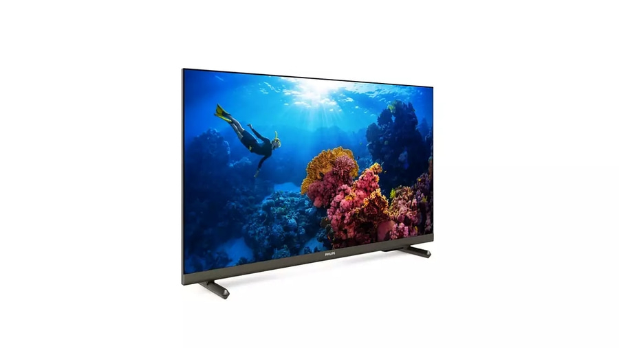 Fernseher mit Unterwasser-Szene, Philips-Logo, schwarzer Rahmen und Ständer