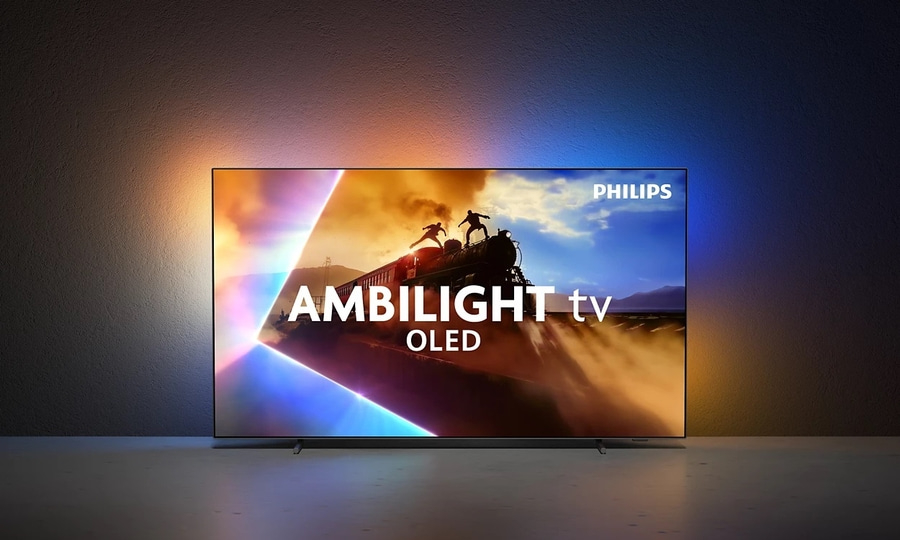 Philips Ambilight OLED Fernseher mit Zugszene und farbenfroher Beleuchtung