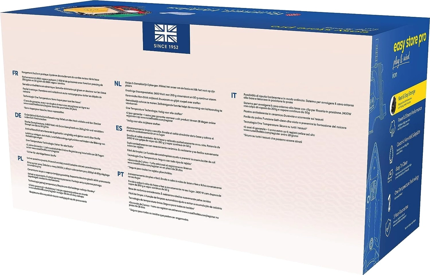 Bügelbrett mit Texten in verschiedenen Sprachen, darunter Deutsch, Englisch und Französisch.