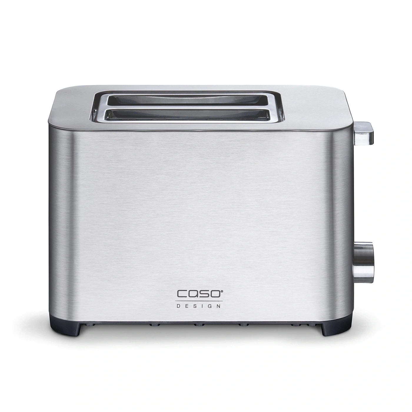 Ein moderner silberner Toaster mit zwei Schlitzen und dem CASO DESIGN Logo.