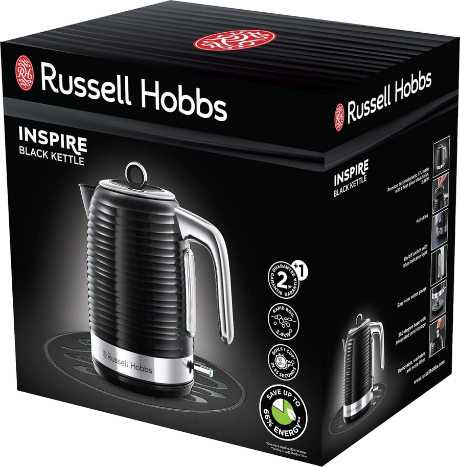 Russell Hobbs Inspire Wasserkocher, schwarz, mit Funktionen und Details.