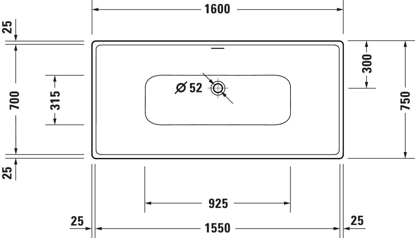Waschbecken mit Abmessungen: 1600x750x25 mm, Lochdurchmesser 52 mm, 925 mm