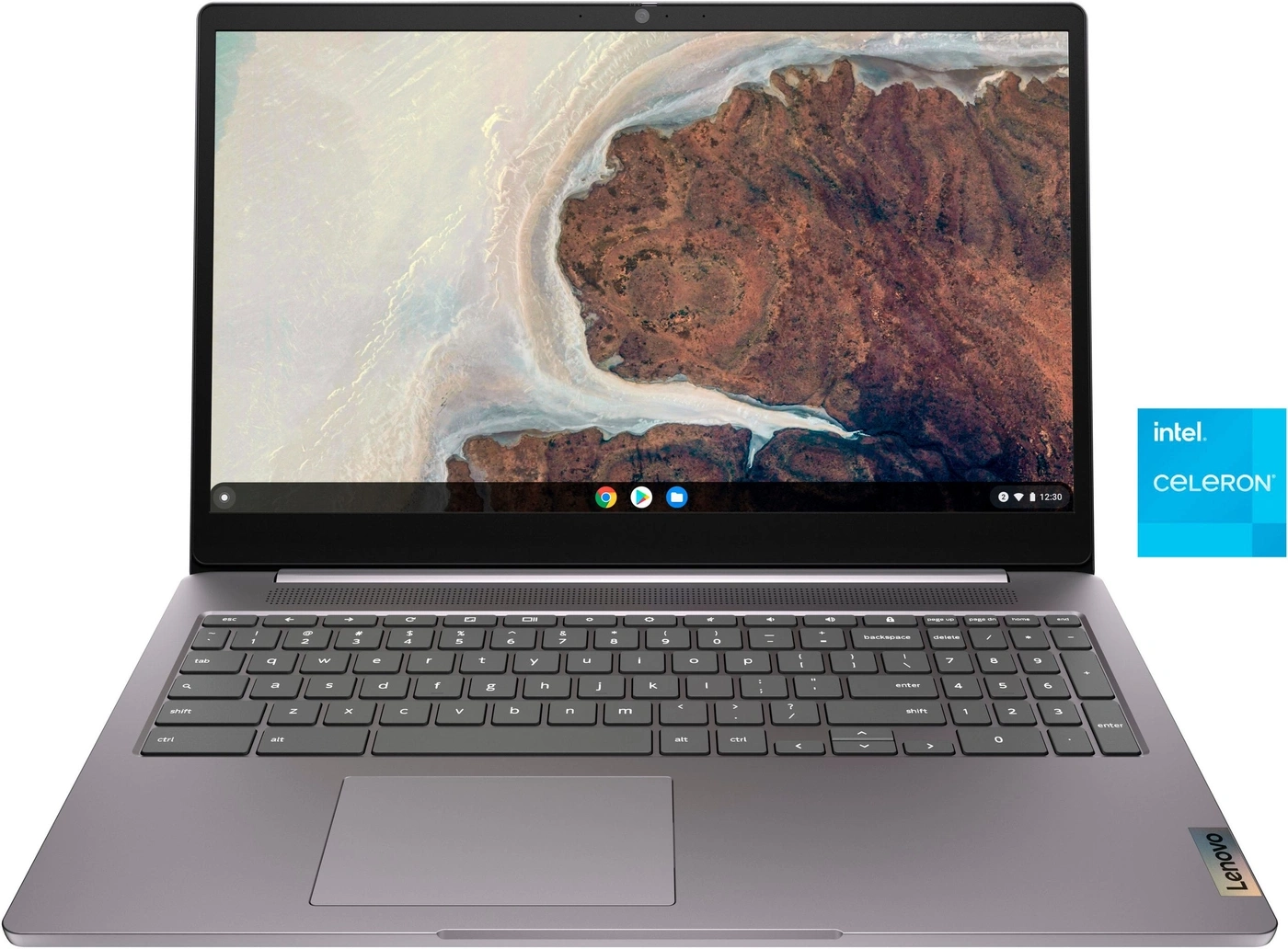 Ein grauer Lenovo Laptop mit Intel Celeron Prozessor und einem hellen Bildschirm mit einer Landschaftsaufnahme.