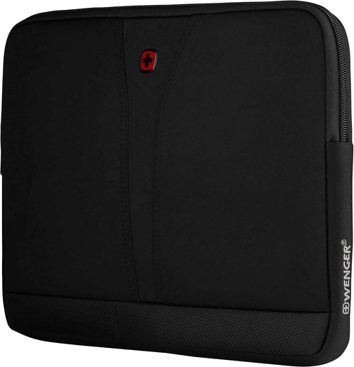 Schwarze Laptoptasche mit rotem Logo und Reißverschluss, Wenger-Marke