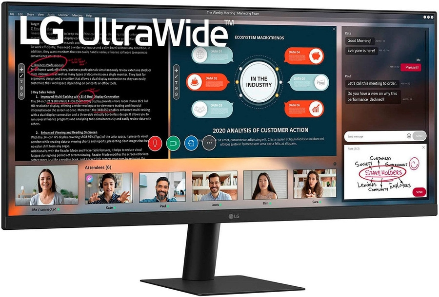 Ein LG UltraWide Monitor zeigt eine Videokonferenz mit Diagrammen und Notizen.
