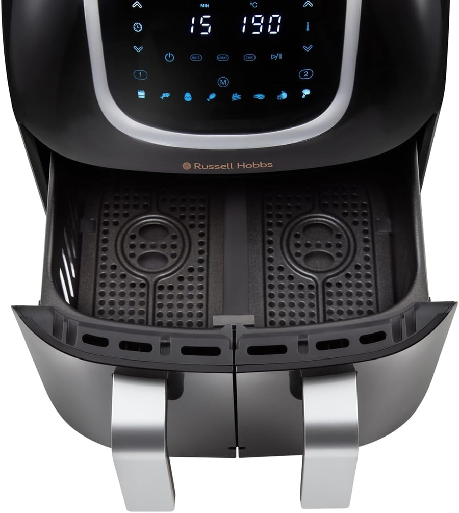 Schwarze Fritteuse mit geöffneter Schublade und digitaler Anzeige von Russell Hobbs.
