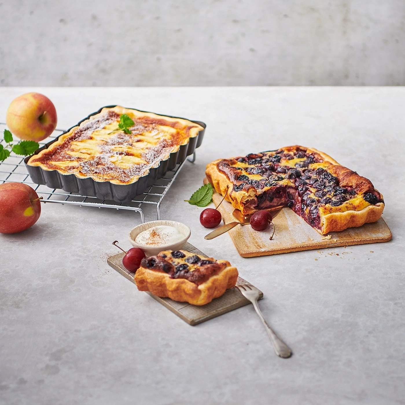 Kuchen, Obst, Kirschen, Äpfel, Dessert, Backwaren, Essen, Süßspeise, Gebäck, Küche, Mahlzeit