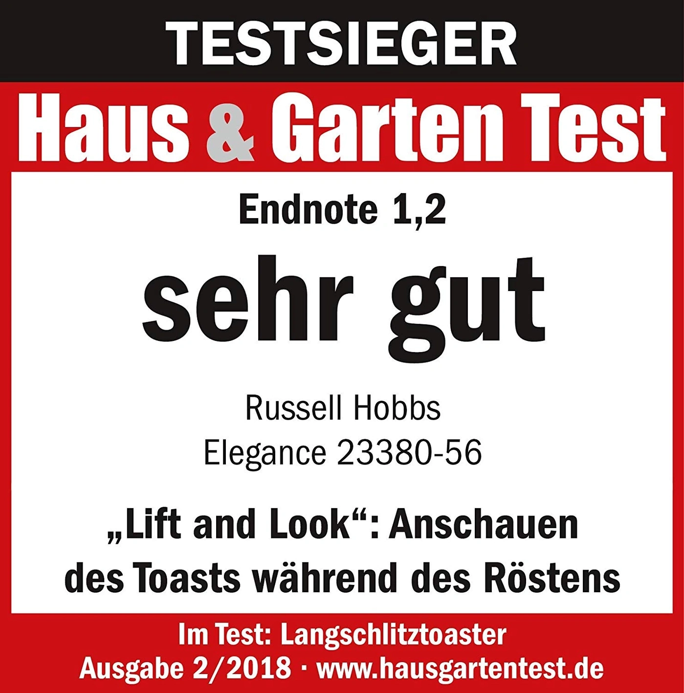 Testsieger Haus & Garten Test, Endnote 1,2, sehr gut, Russell Hobbs, Toaster, Ausgabe 2/2018