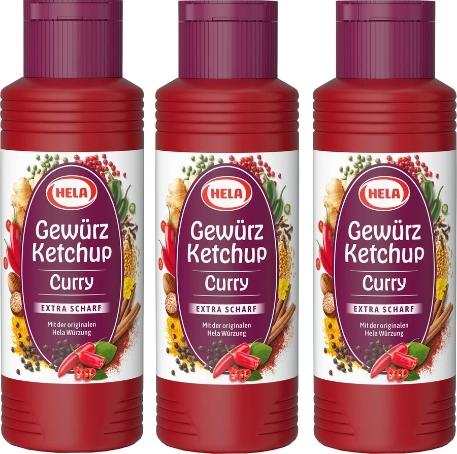 Drei Flaschen Hela Gewürzketchup Curry Extra Scharf, rot, mit Gewürzen
