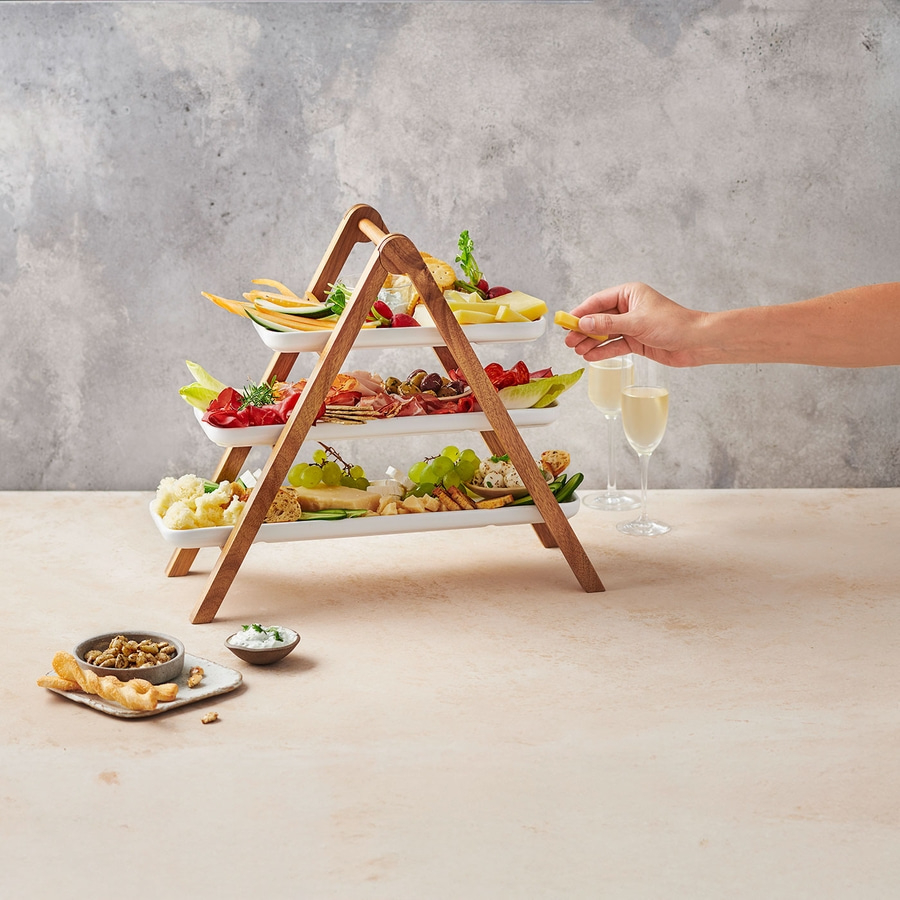 BETTY BOSSI Etagere 3 Servierplatten Porzellan Holz Servierständer