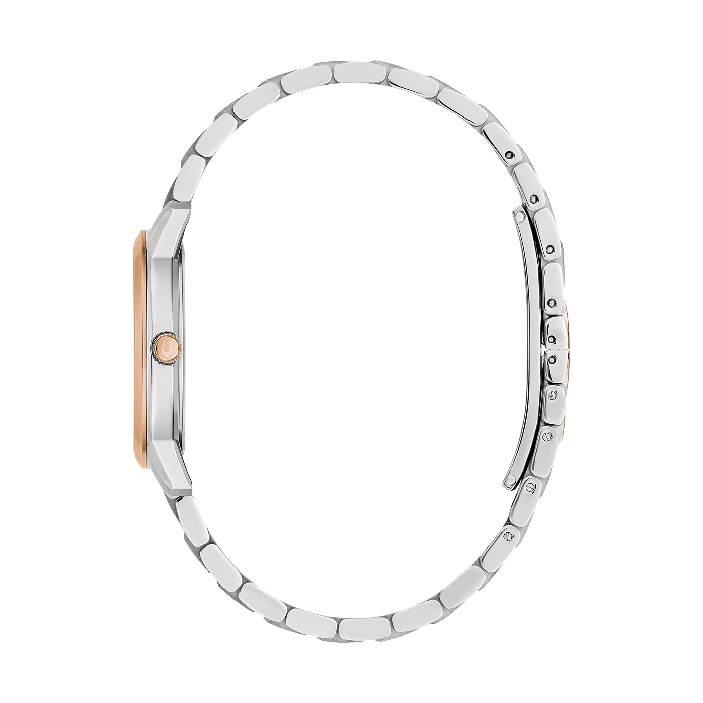 Eine silberne und roségoldene Uhr mit Gliederarmband, von der Seite fotografiert.