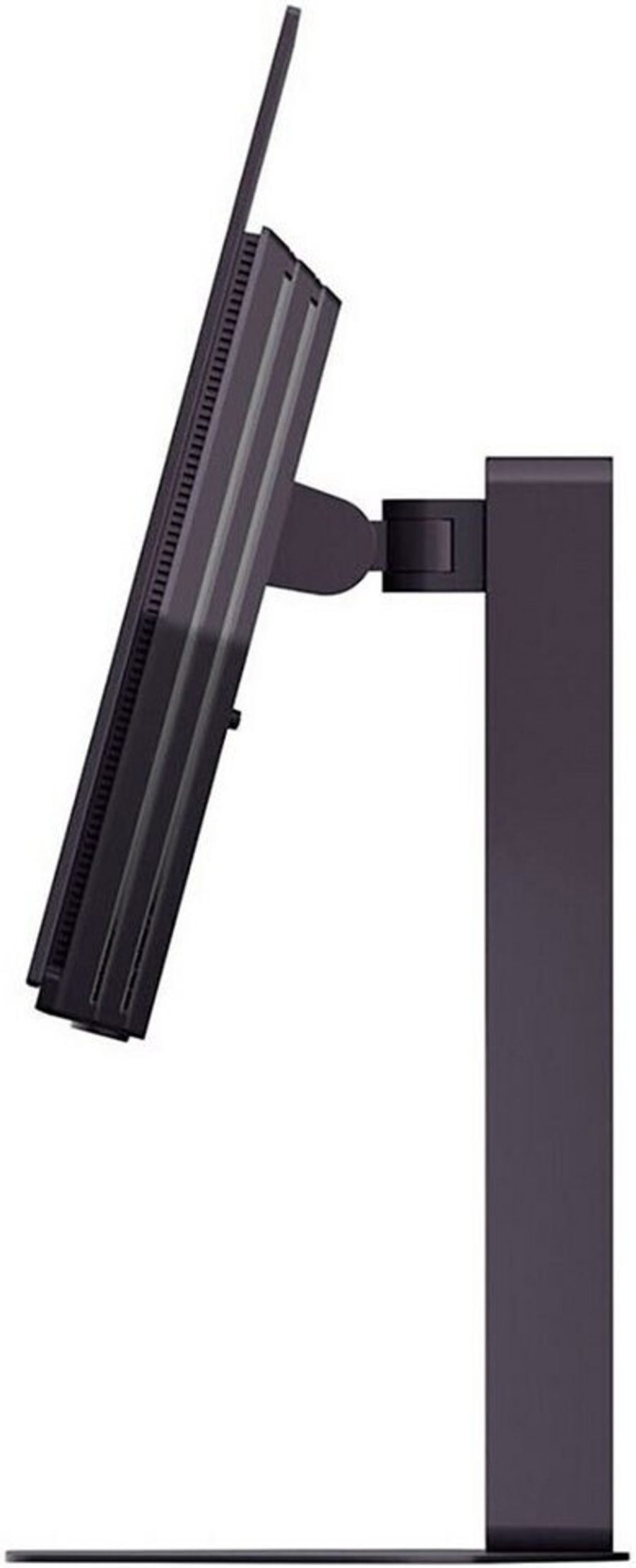 Grauer Computermonitor mit schwenkbarem Arm auf einem schmalen Fuß.