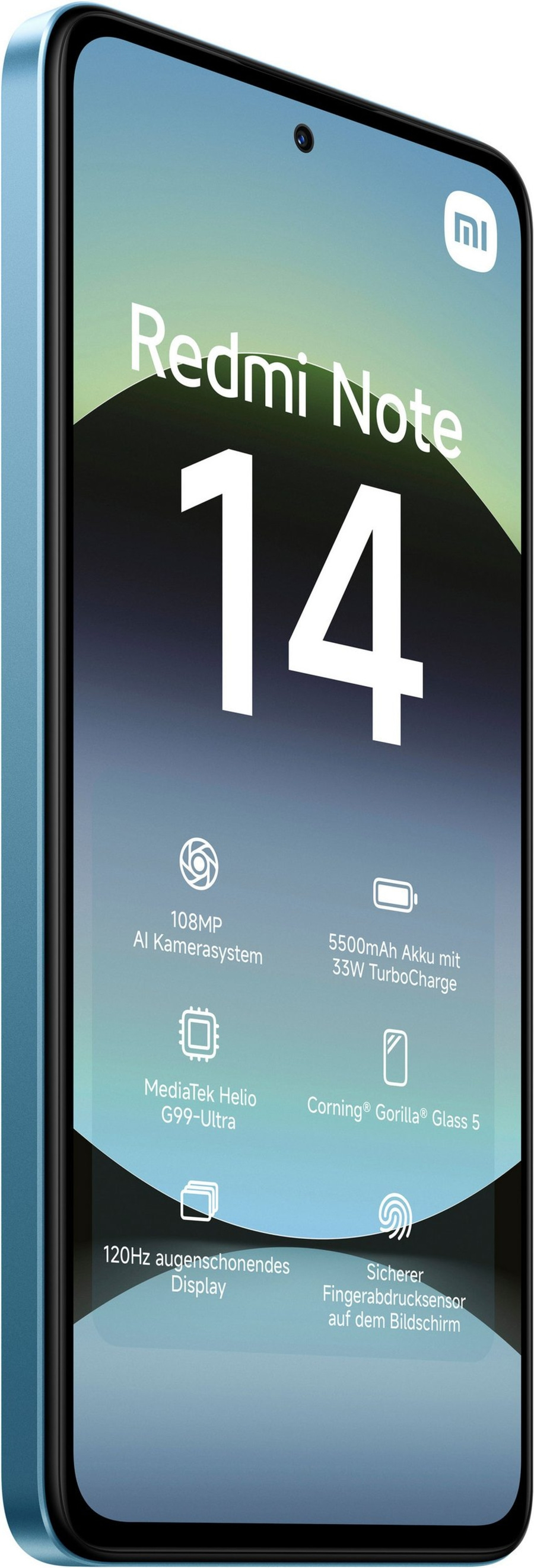 Redmi Note 14 Smartphone mit 108MP Kamera, 120Hz Display und Fingerabdrucksensor.