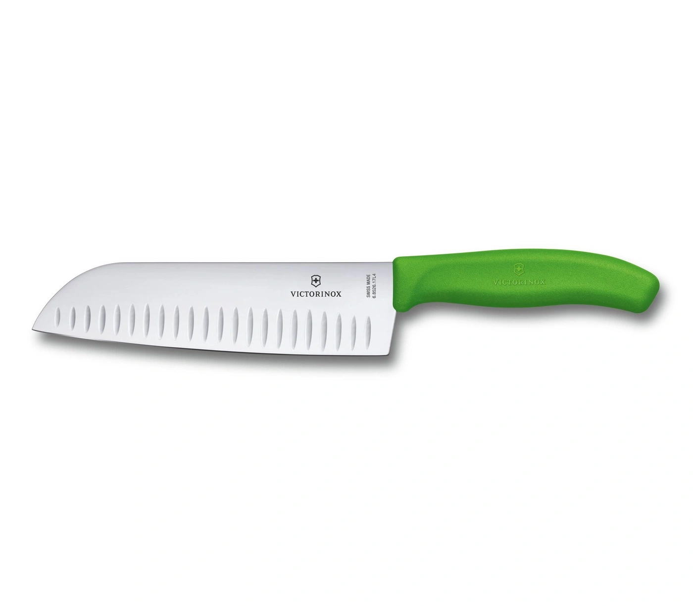 Ein scharfes Victorinox-Messer mit grünem Griff und gezackter Klinge auf weißem Hintergrund.