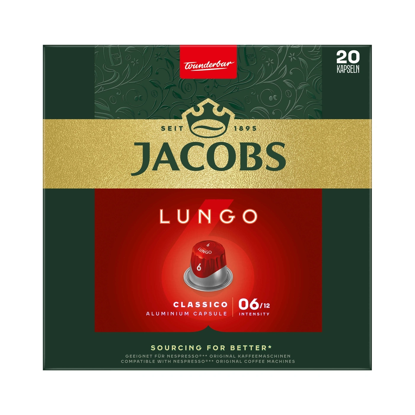 Jacobs Lungo Kaffeekapseln, 20 Kapseln, Classico, Aluminium Kapsel, Intensität 6/12