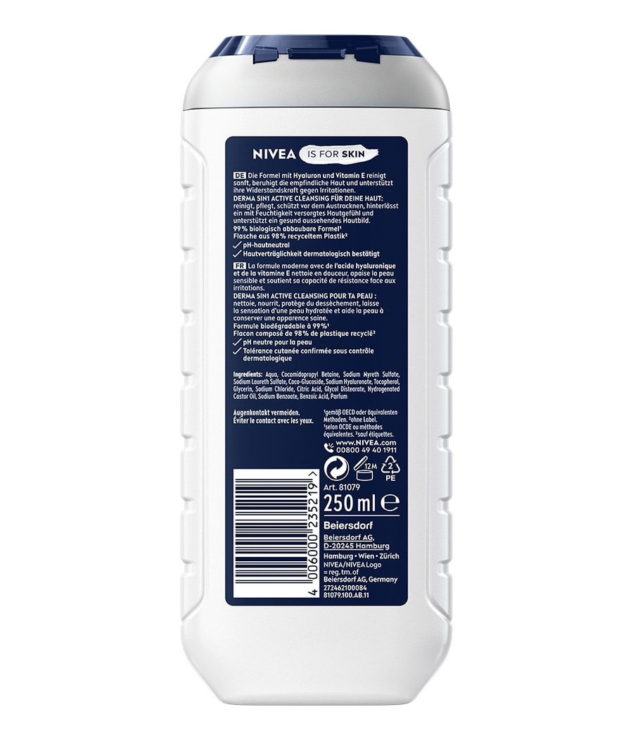 Rückseite einer Nivea Duschgel-Flasche mit Inhaltsstoffen und Produktinformationen.