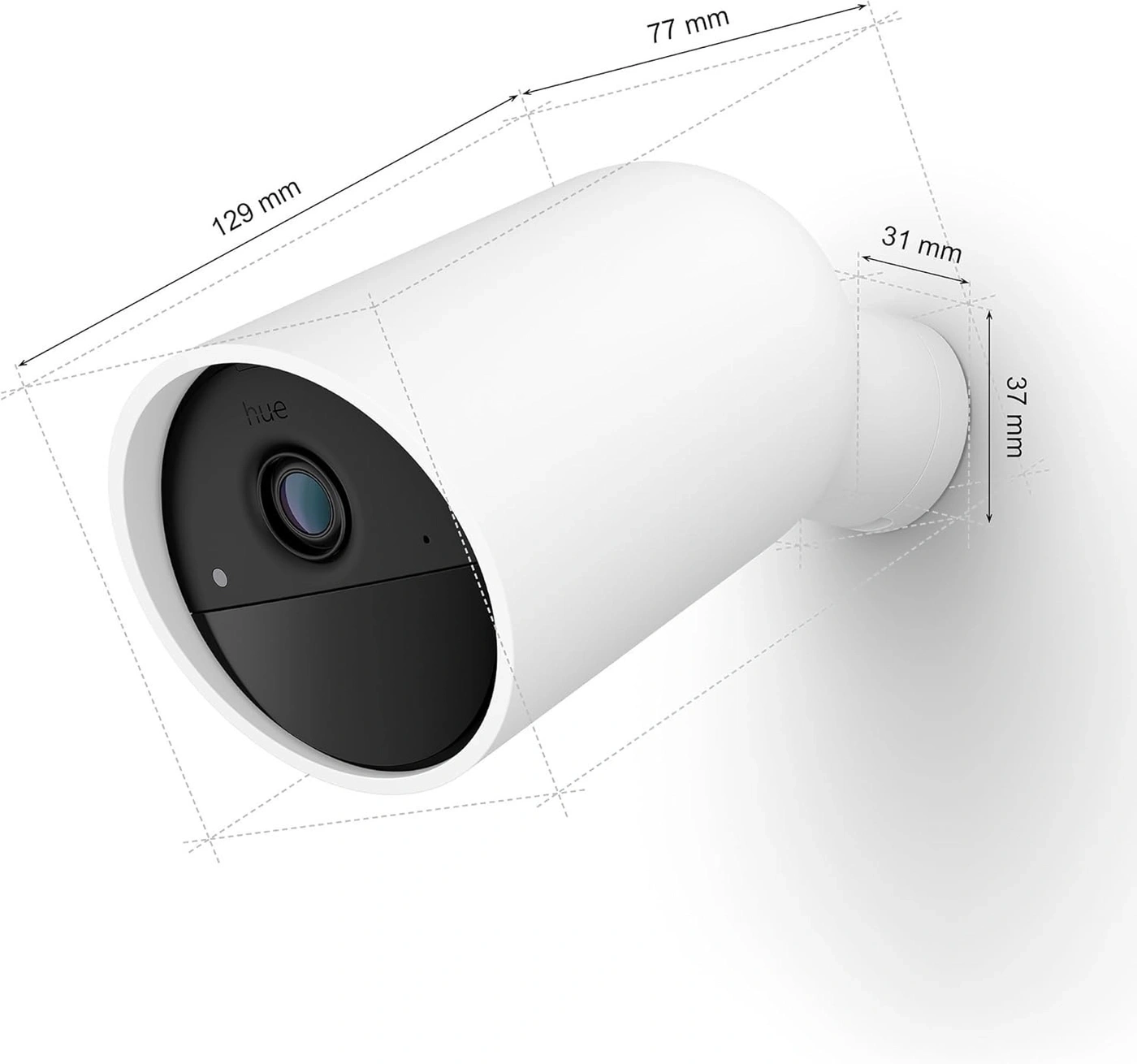 Kamera mit Abmessungen: 129 mm, 77 mm, 31 mm und 37 mm. Weißes Gehäuse.