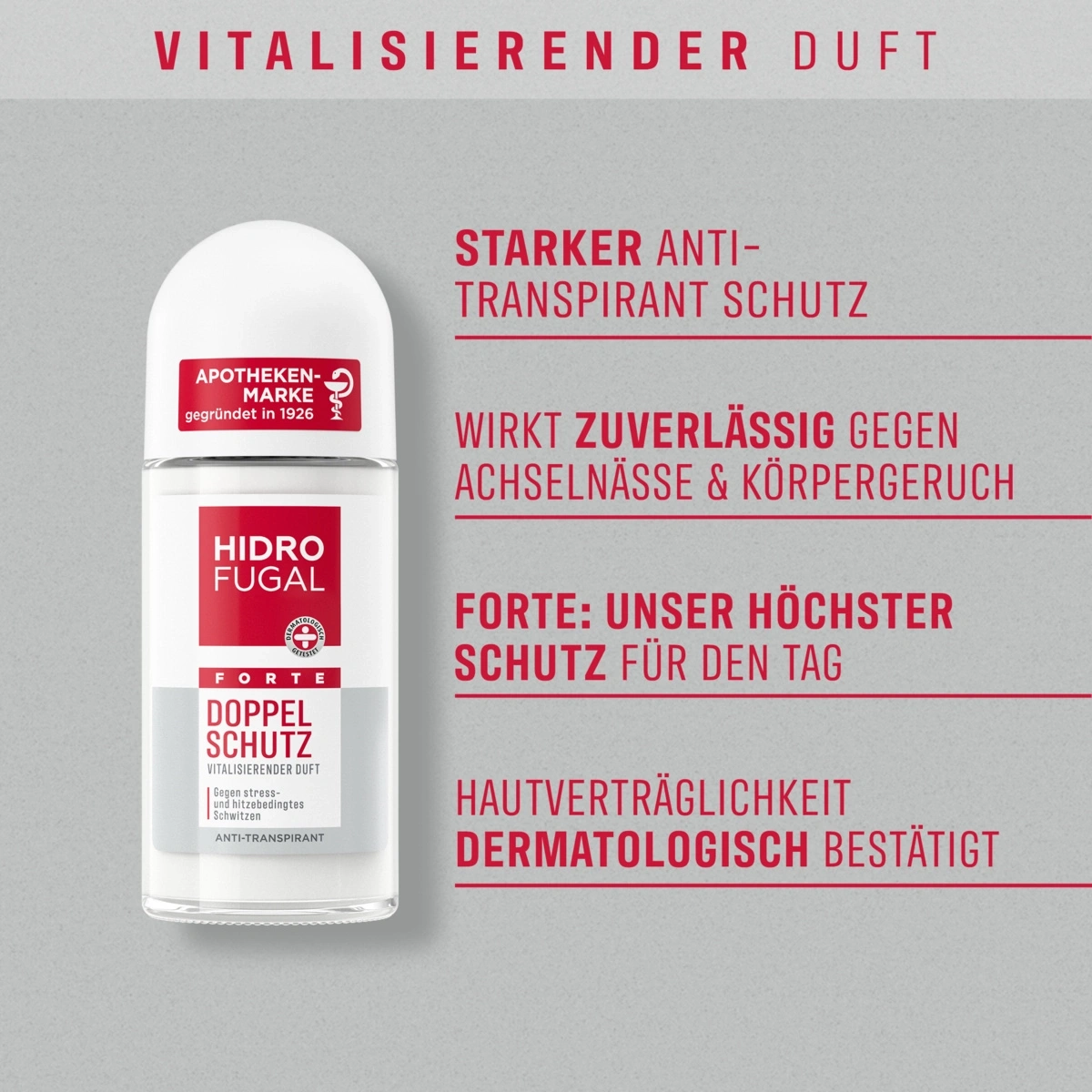 Hidro Fugal Forte mit vitalisierendem Duft bietet starken Anti-Transpirant Schutz.