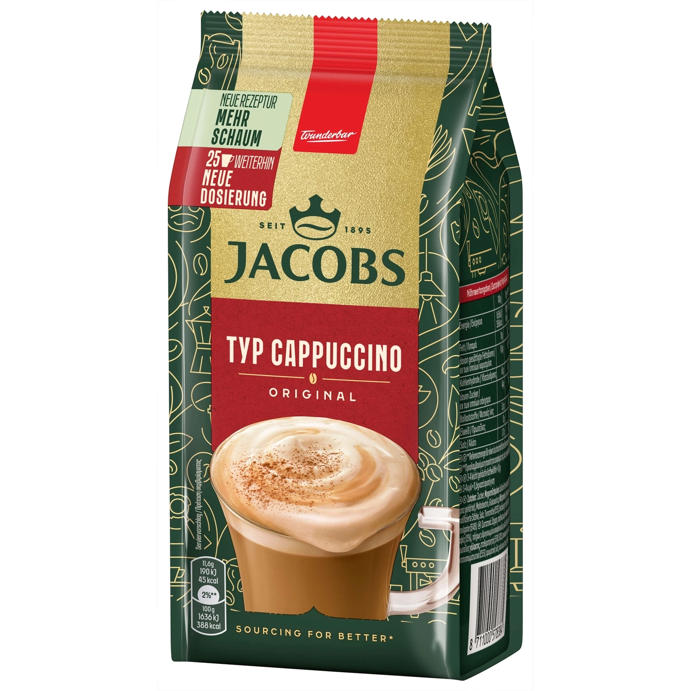 Jacobs Typ Cappuccino Packung mit Kaffeegetränk, Werbung für mehr Schaum und neue Dosierung
