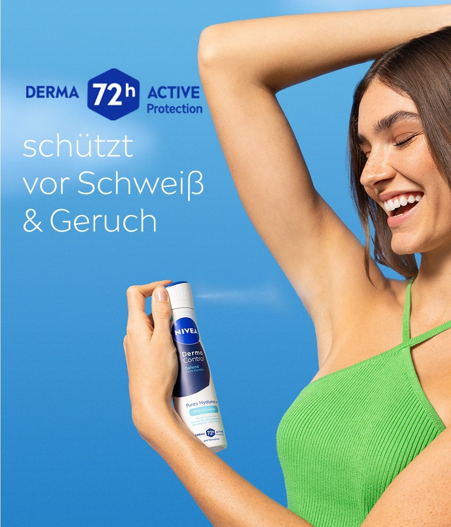 Frau sprüht Nivea Deo auf Achsel mit "72h Active Protection" Schriftzug