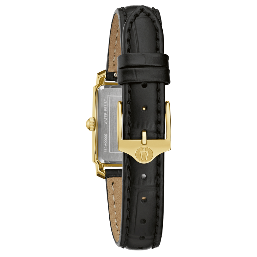 Schwarzes Lederarmband mit goldener Schnalle und Uhrgehäuse