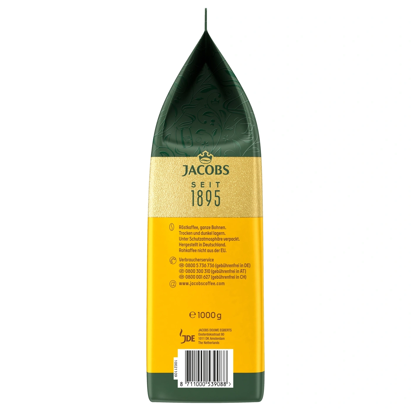 Eine Tüte Jacobs Kaffee mit der Aufschrift "Seit 1895" und einer Gewichtsangabe von 1000g.