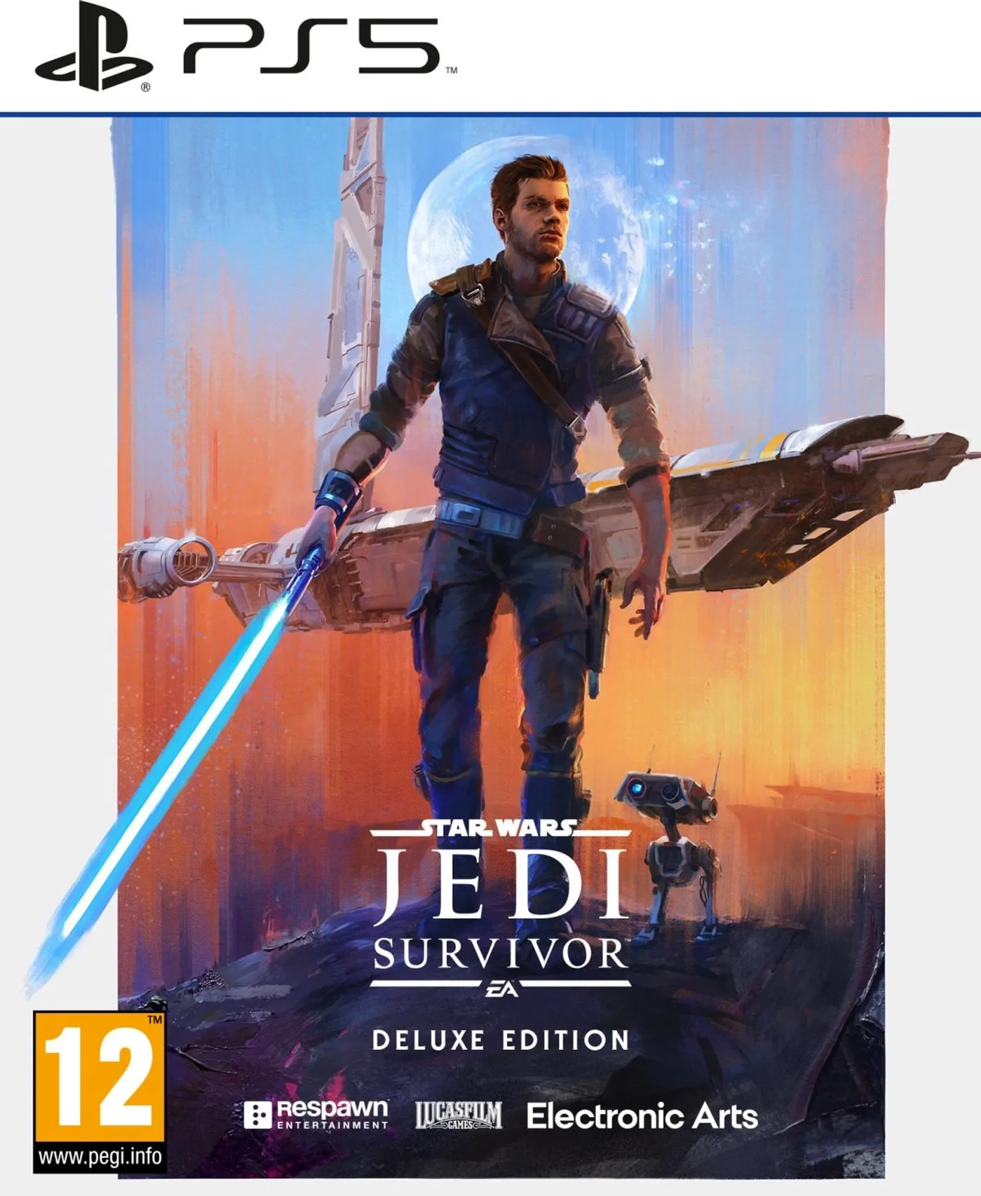 Star Wars Jedi Survivor Deluxe Edition PS5 Spielcover mit Cal Kestis und BD-1.