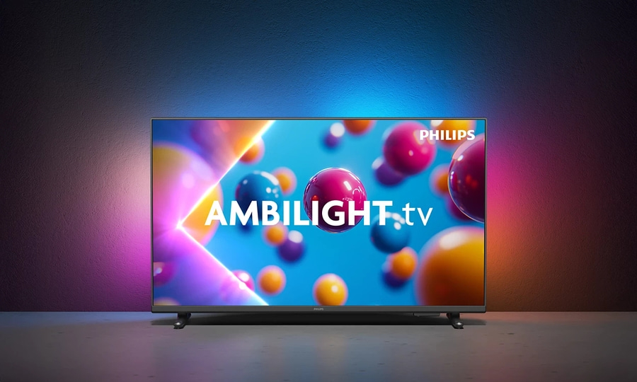 Ein Philips Ambilight Fernseher mit bunten Kugeln auf dem Bildschirm.