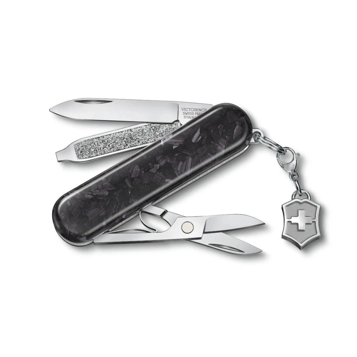 Schweizer Taschenmesser mit schwarzem Griff und silbernen Werkzeugen, geöffnet.