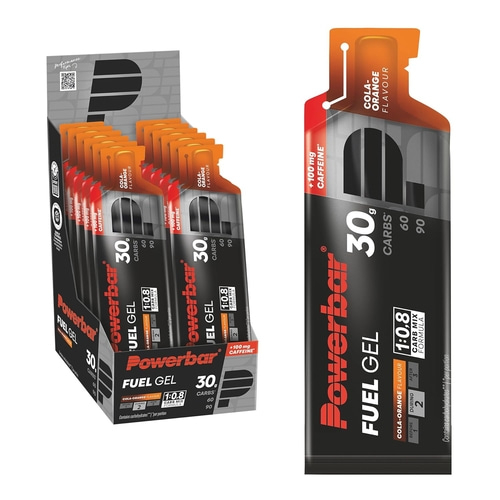 Powerbar Fuel Gel Cola-Orange Geschmack in einer Box und einzeln.