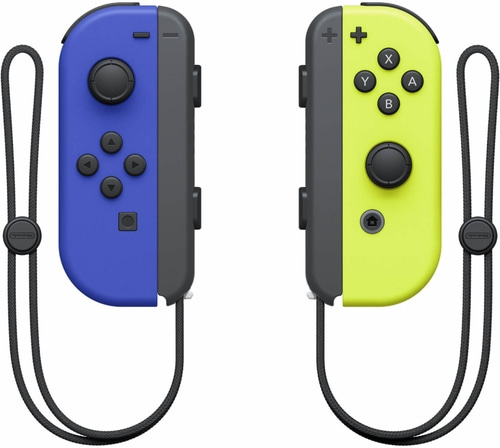 Zwei Nintendo Switch Joy-Con-Controller in Blau und Gelb mit schwarzen Trageschlaufen.
