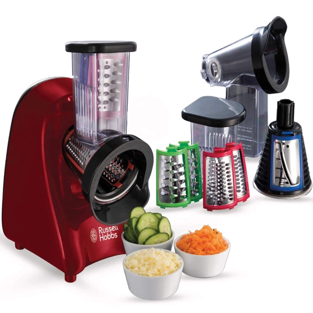 Küchenmaschine mit Aufsätzen und Gemüse in Schalen, Russell Hobbs