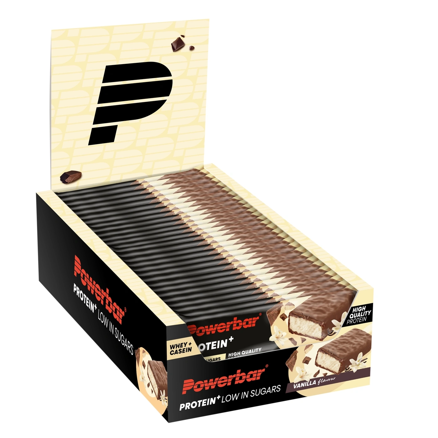Box mit 24 Powerbar Proteinriegeln, Vanillegeschmack, auf dem Deckel ist ein großes P