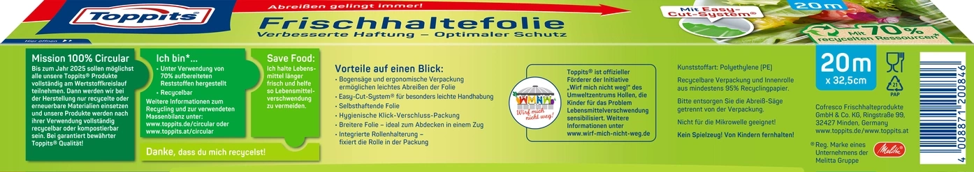 Toppits Frischhaltefolie Verpackung mit Informationen zu Recycling und Nachhaltigkeit