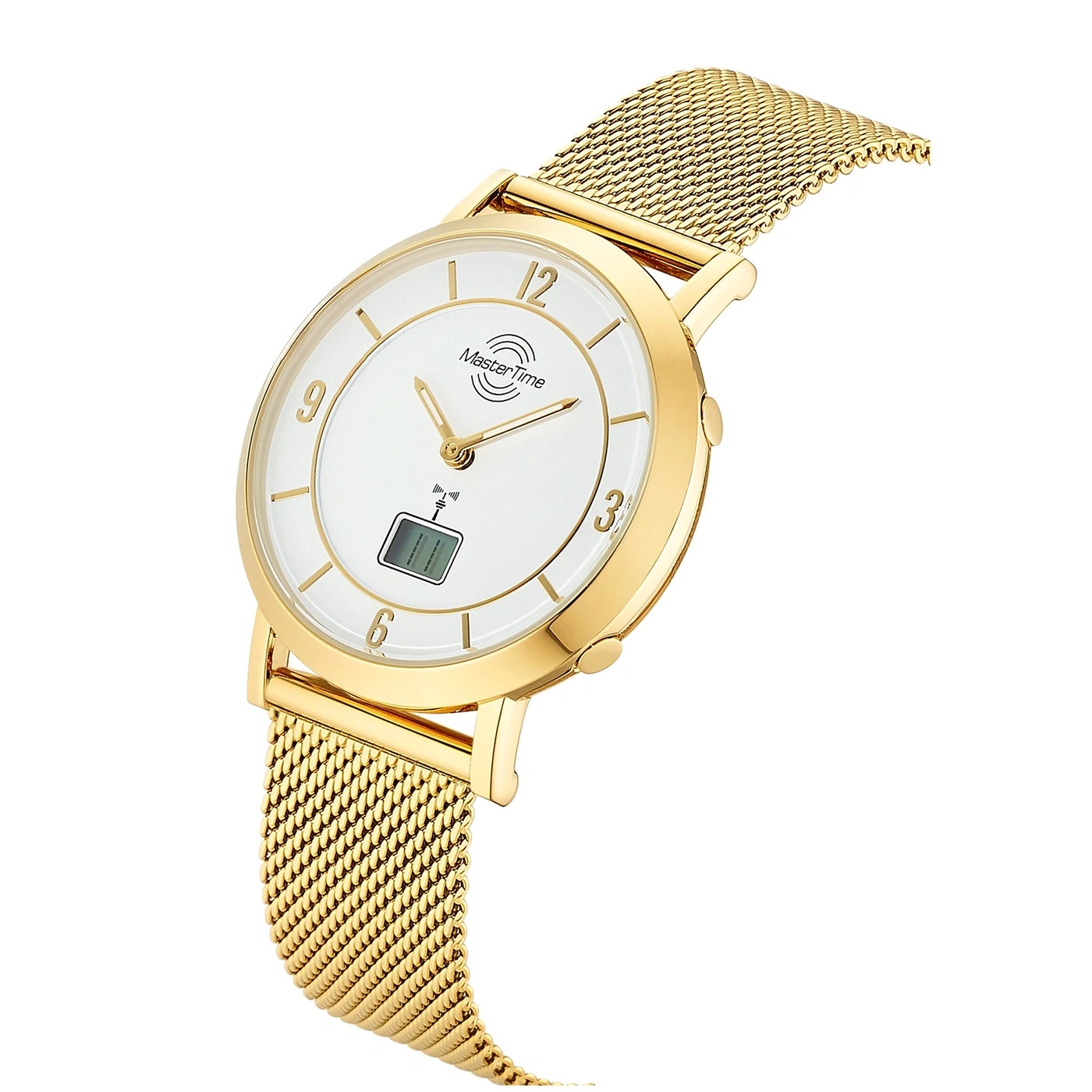 Eine goldene Armbanduhr mit weißem Zifferblatt und digitaler Anzeige.