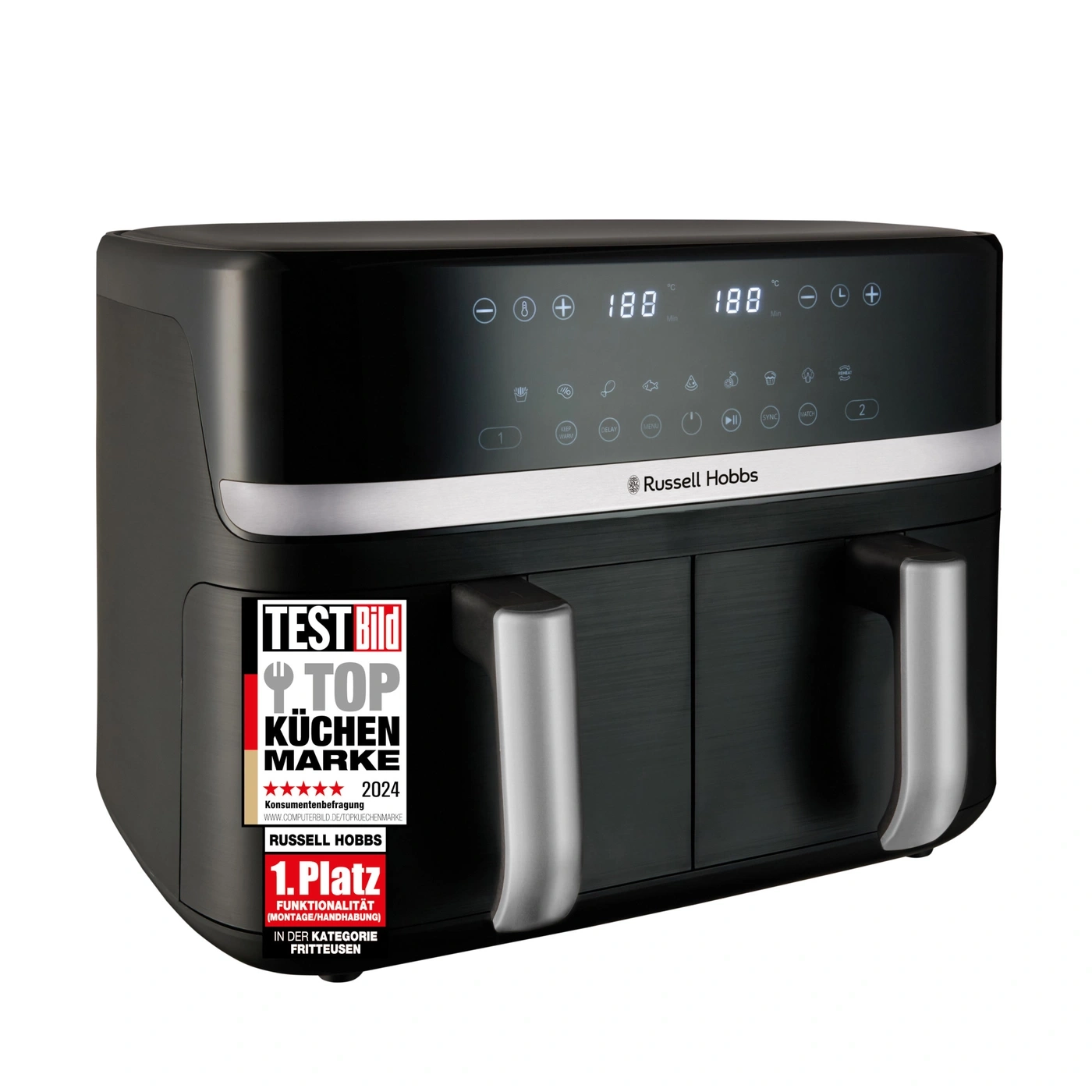 Schwarze Fritteuse mit digitaler Anzeige und Auszeichnung als Top Küchen Marke 2024 von Russell Hobbs.