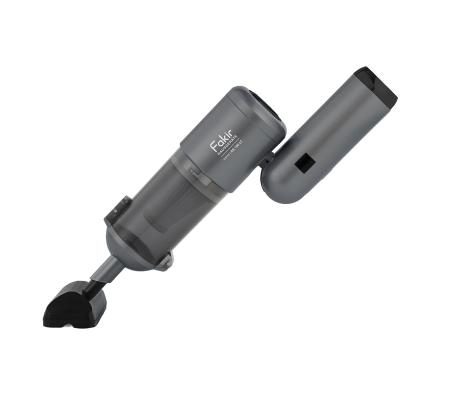 Ein grauer Handstaubsauger mit schwarzer Bodendüse und einem zusätzlichen Aufsatz.