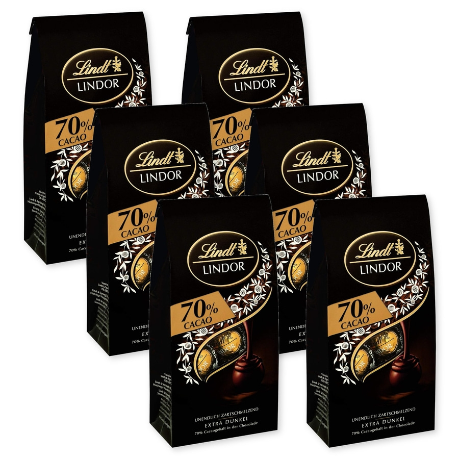 Sechs schwarze Lindt Lindor 70% Kakaotafeln im Stapel